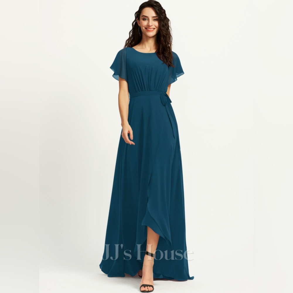 NWT JJ’s House A-line Scoop Asymmetrical Chiffon Bridesmaid Dress 12 Blue 251601